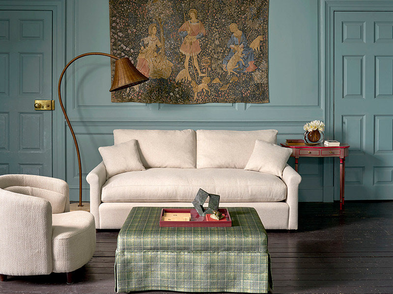 Sketch 3 seater sofa in Cotolino with Fontwell footstool in Check Grass